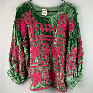 Sister Mary Green Velvet Embroidered Floral Oversized Top Size XS